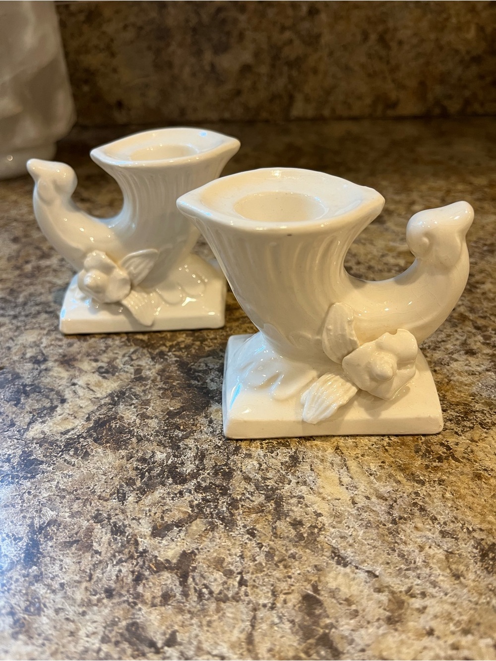 Vintage White Ceramic Cornucopia Candle Holders - Made in Japan